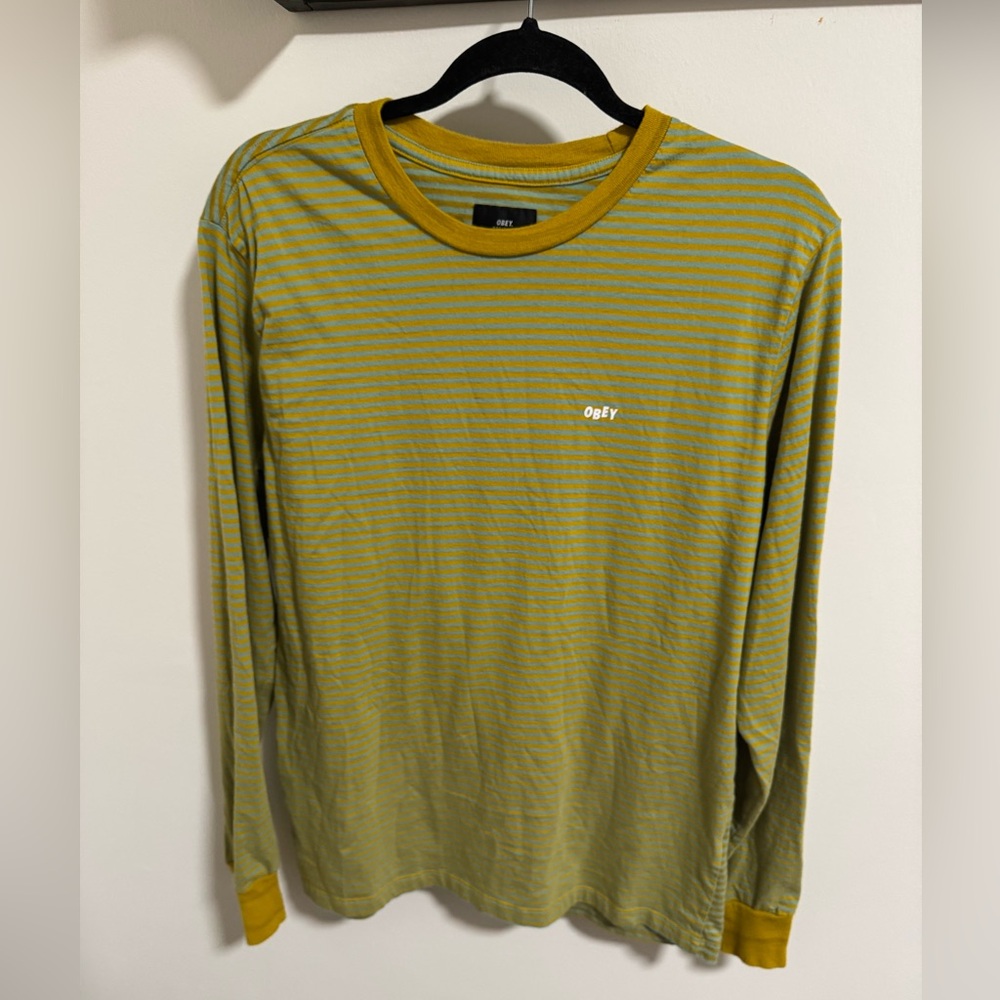 Obey Olive and Mustard Striped Long Sleeve Crew